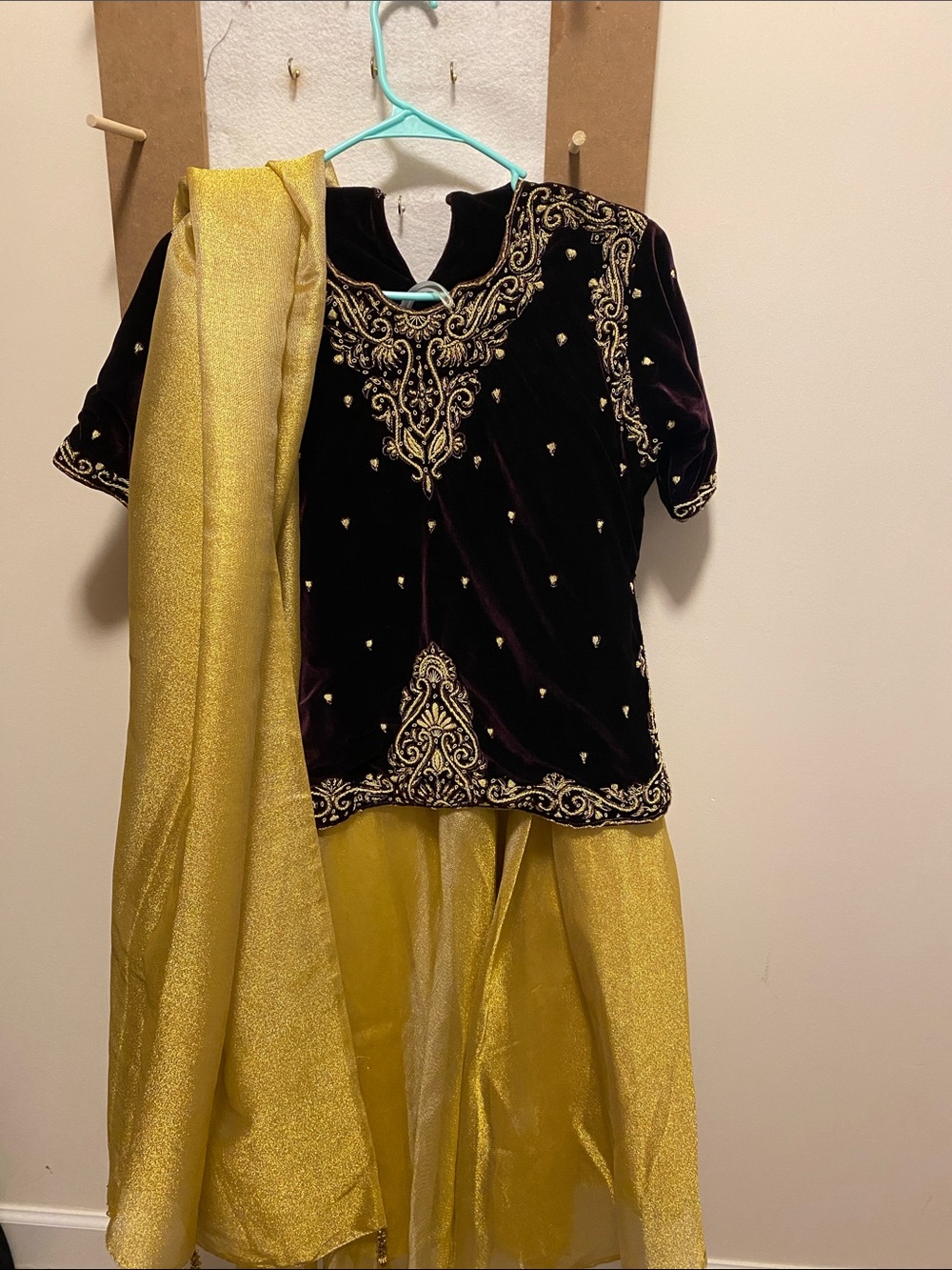 Velvet Embroidered Short Sleeve Top in Deep Plum with Gold Threading - Picture 3 of 3
